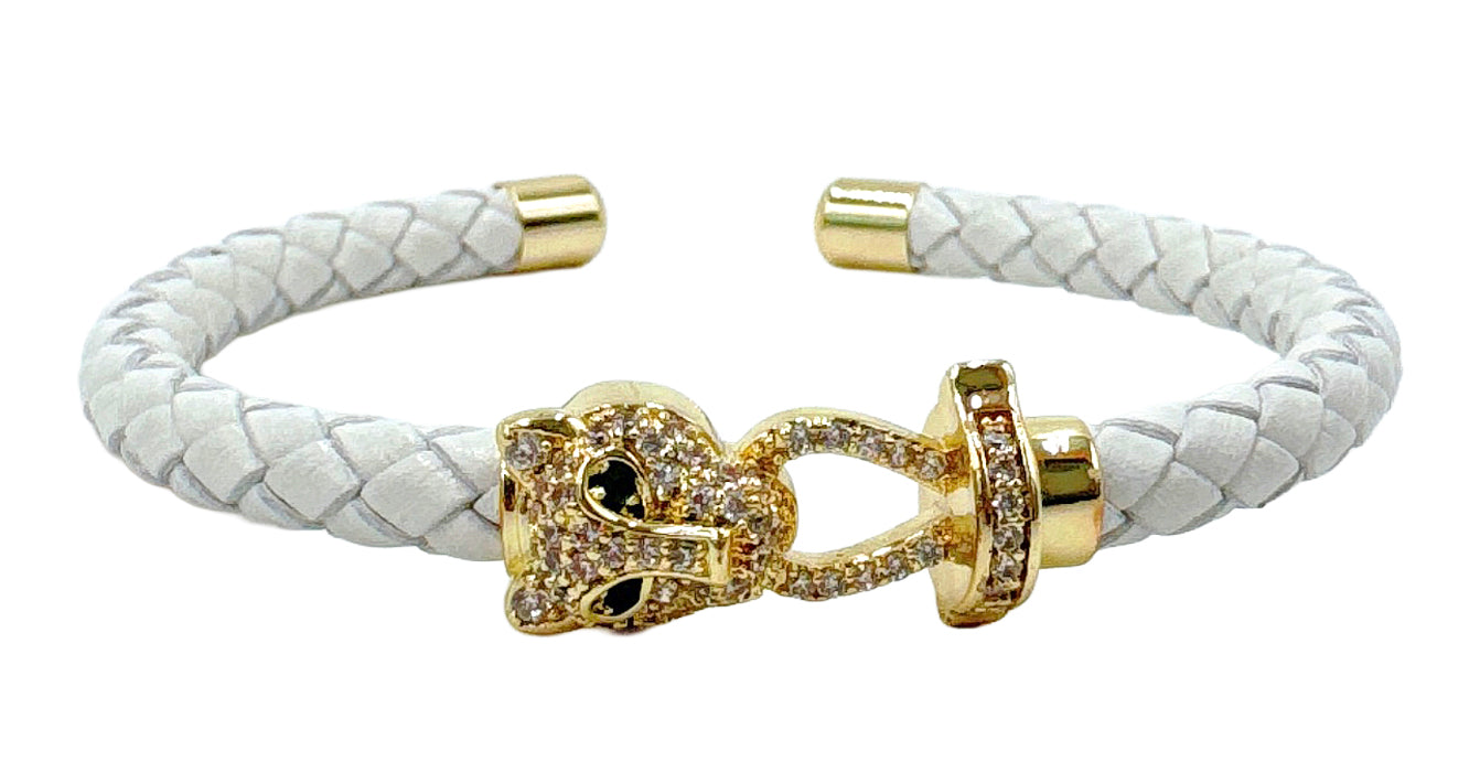 14K Gold Dipped Panther Clasp Leather Cuff