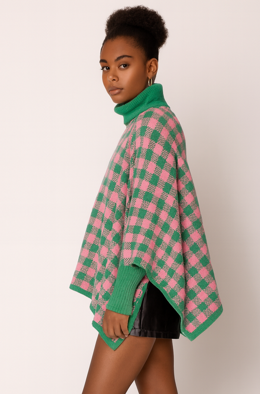 Checkered Knit Poncho