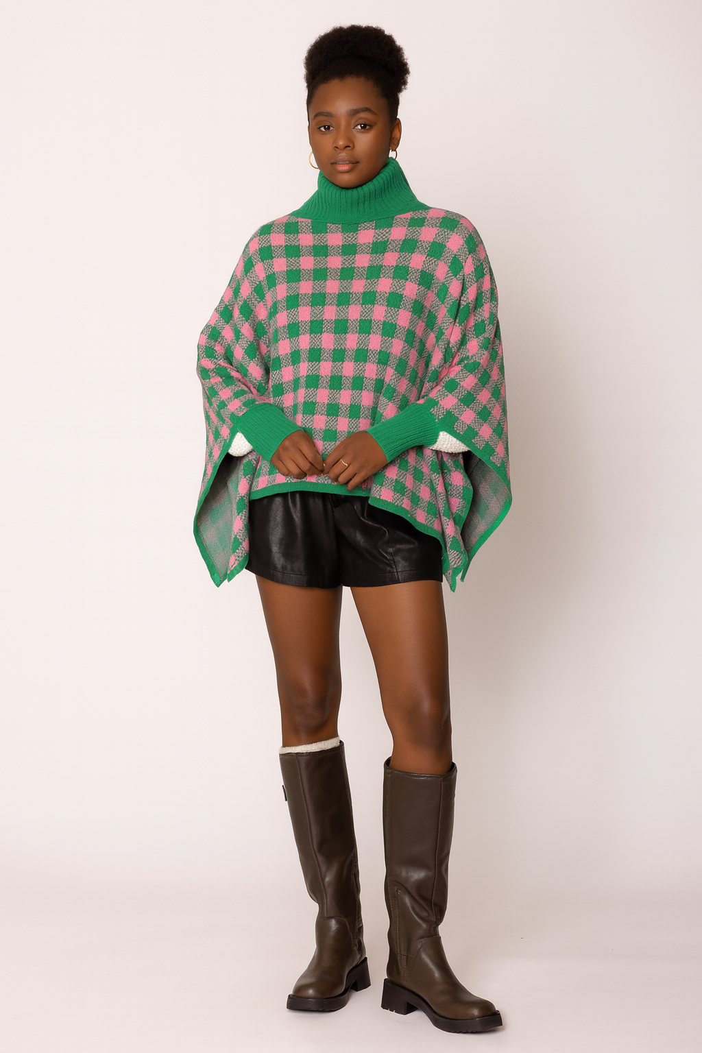 Checkered Knit Poncho
