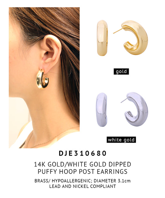 14K Gold Dipped Puffy Hoop Post Earrings