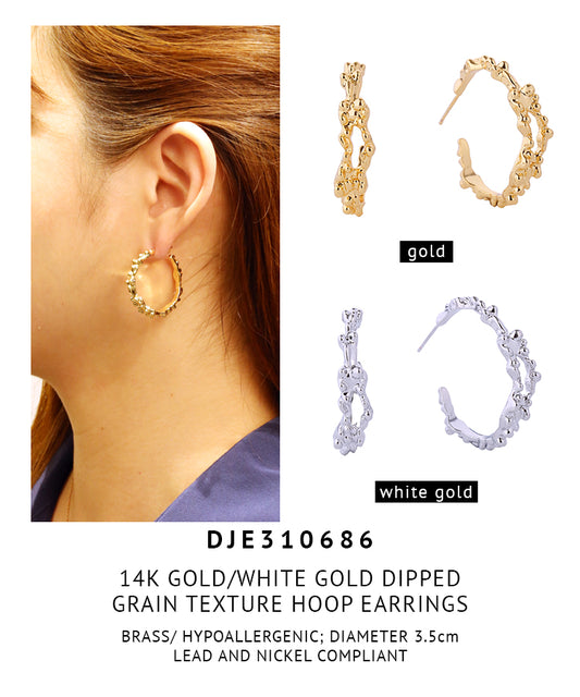 14K Gold Dipped Grain Texture Hoop Earrings
