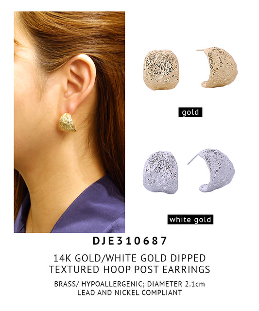 14K Gold Dipped Textured Hoop Post Earrings