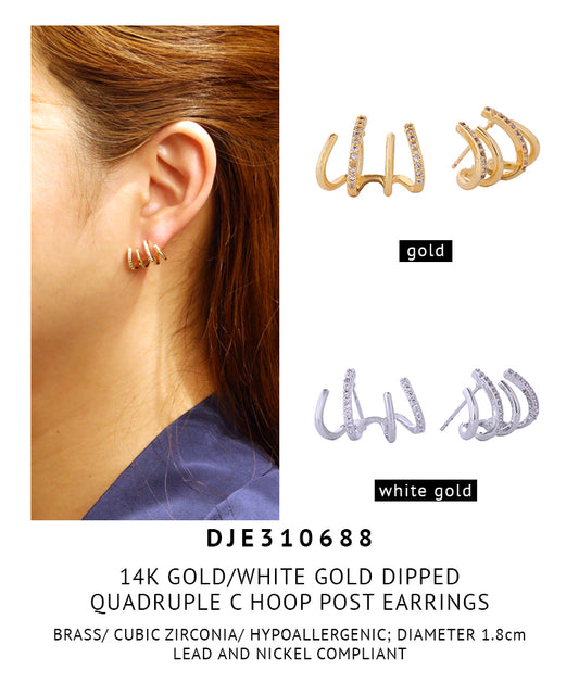 14K Gold Dipped Quadruple C Hoop Pave CZ Earrings