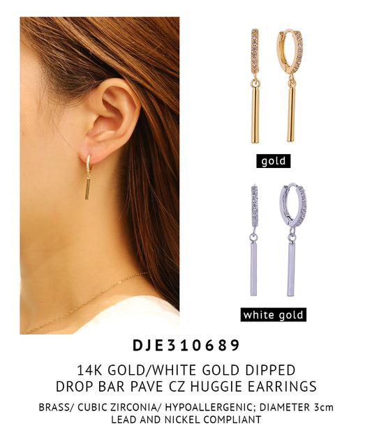 14K Gold Dipped Drop Bar Pave CZ Huggie Earrings