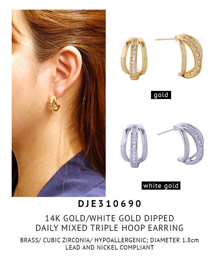 14K Gold Dipped Daily Mixed Triple Hoop Pave CZ Earrings