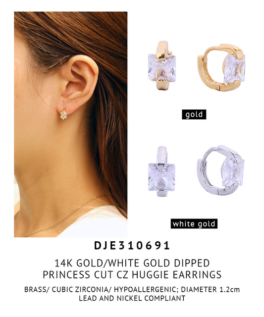 14K Gold Dipped Princess Cut CZ Huggie Earrings