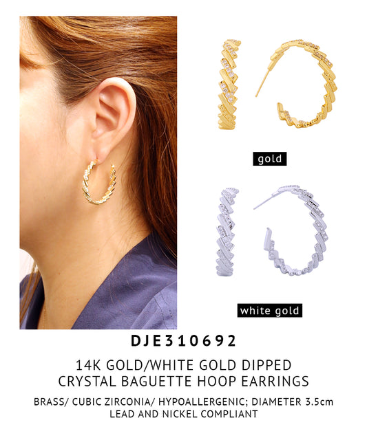 14K Gold Dipped Crystal Baguette Hoop Earrings