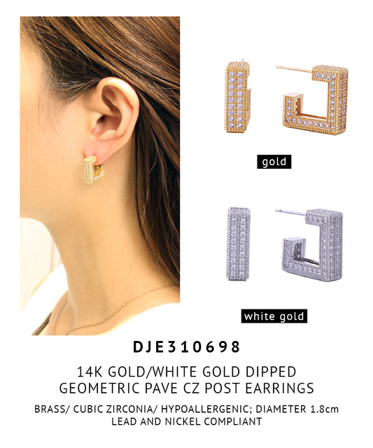 14K Gold Dipped Geometric Pave CZ Post Earrings