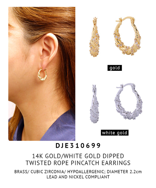 14K Gold Dipped Twisted Rope Pave CZ Pincatch Earrings