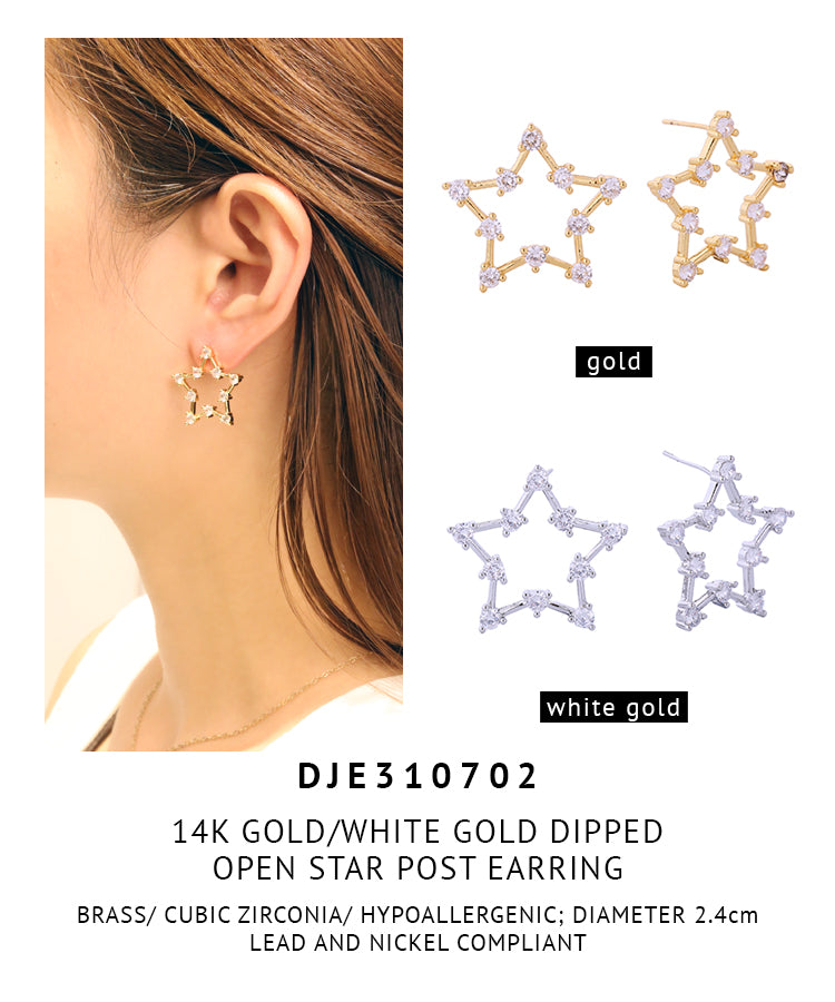 14K Gold Dipped Open Star Pave CZ Post Earrings