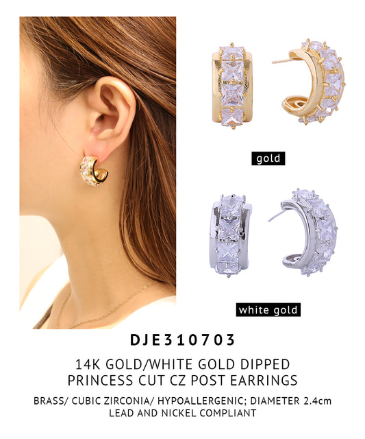 14K Gold Dipped Princess Cut CZ Post Earrings