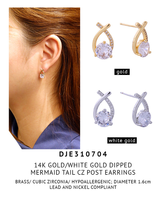 14K Gold Dipped Mermaid Tail CZ Post Earrings