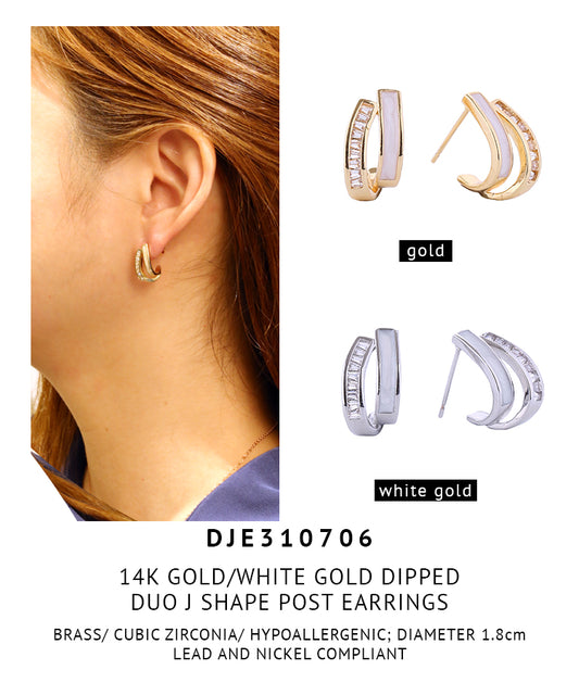 14K Gold Dipped Duo J Shape Post Earrings