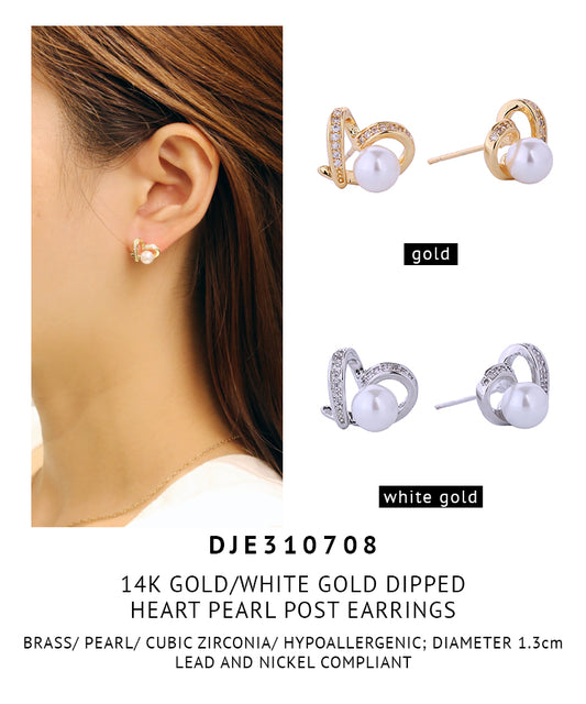 14K Gold Dipped Heart Pearl Post Earrings