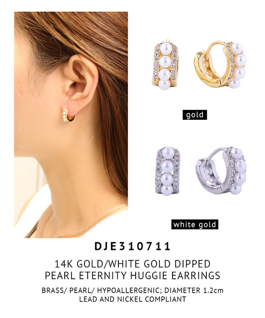 14K Gold Dipped Pearl Eternity Huggie Earrings