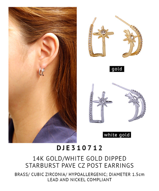 14K Gold Dipped Starburst Pave CZ Post Earrings