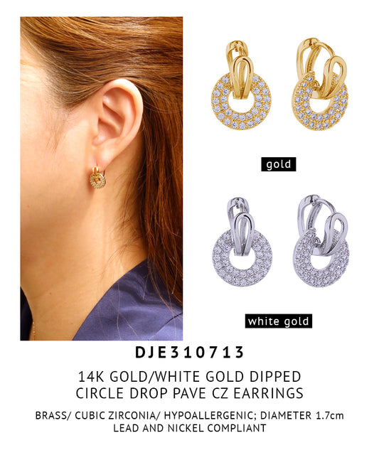 14K Gold Dipped Circle Drop Pave CZ Earrings
