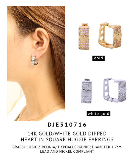 14K Gold Dipped Heart in Square Pave CZ Huggie Earrings