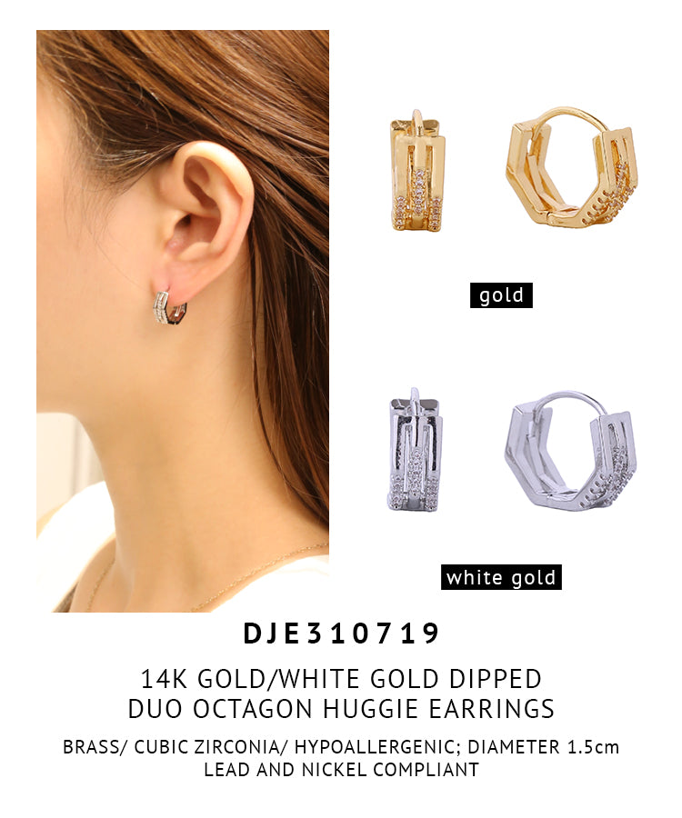 14K Gold Dipped Duo Octagon Pave CZ Huggie Earrings