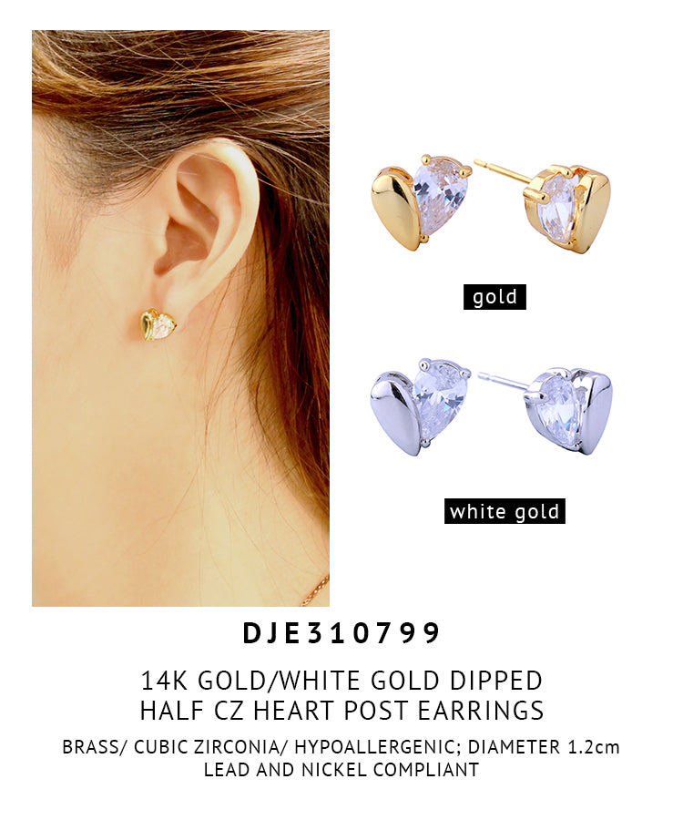 14K Gold Dipped Half Cz Heart Post Earrings