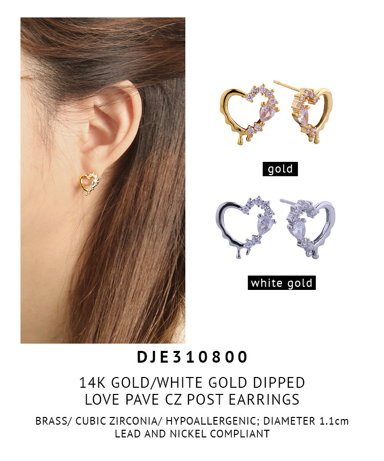 14K Gold Dipped Love Pave CZ Post Earrings