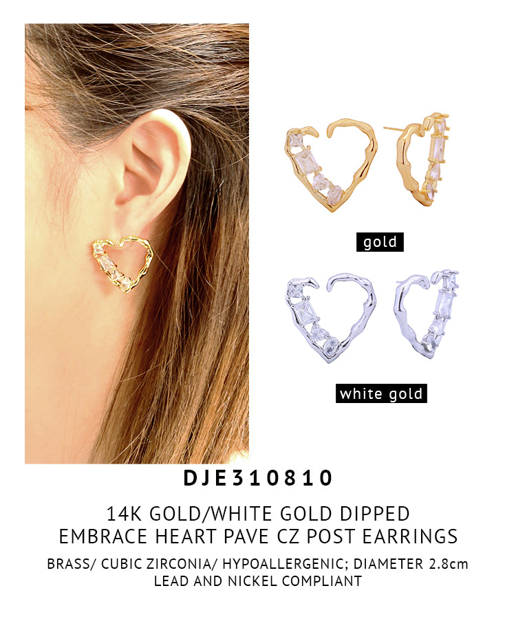 14K Gold Dipped Embrace Heart Pave Cz Post Earrings