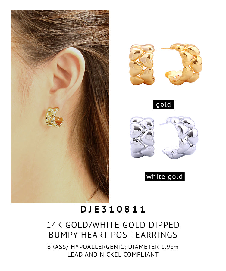 14K Gold Dipped Bumpy Heart Post Earrings