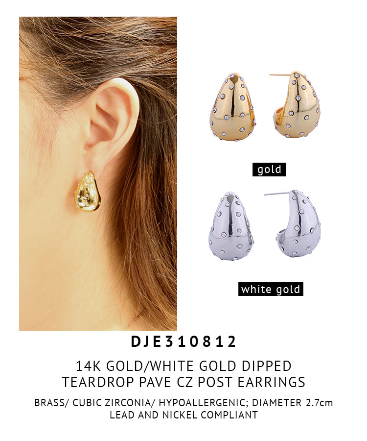 14K Gold Dipped Teardrop Pave CZ Post Earrings