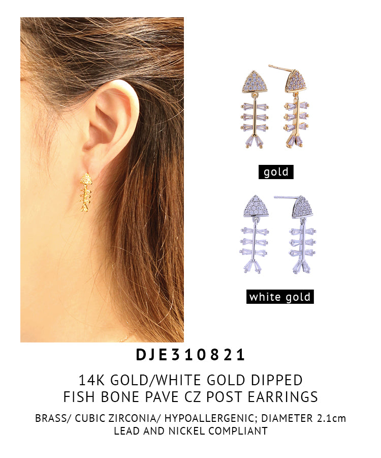 14K Gold Dipped Fish Bone Pave CZ Post Earrings