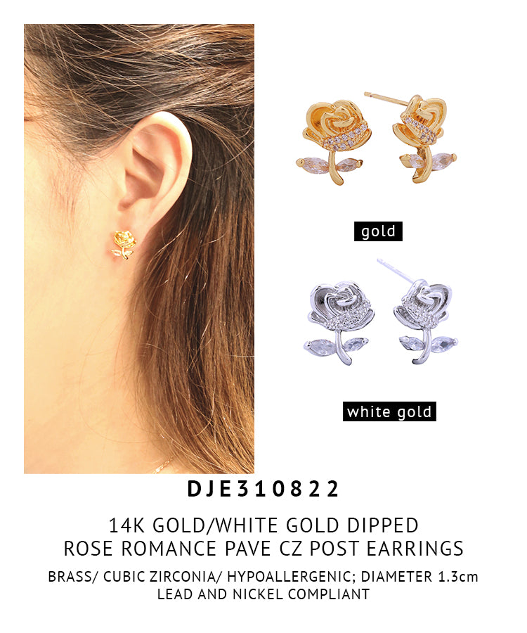 14K Gold Dipped Rose Romance Pave CZ Post Earrings