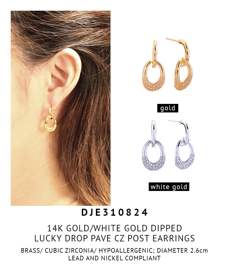 14K Gold Dipped Lucky Drop Pave CZ Post Earrings