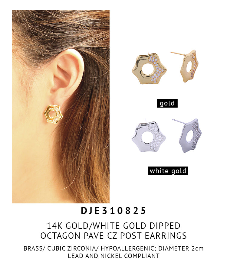 14K Gold Dipped Octagon Pave CZ Post Earrings
