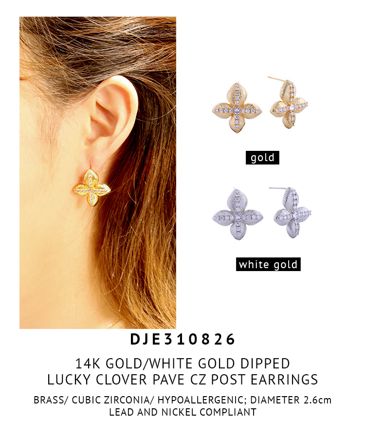 14K Gold Dipped Lucky Clover Pave CZ Post Earrings