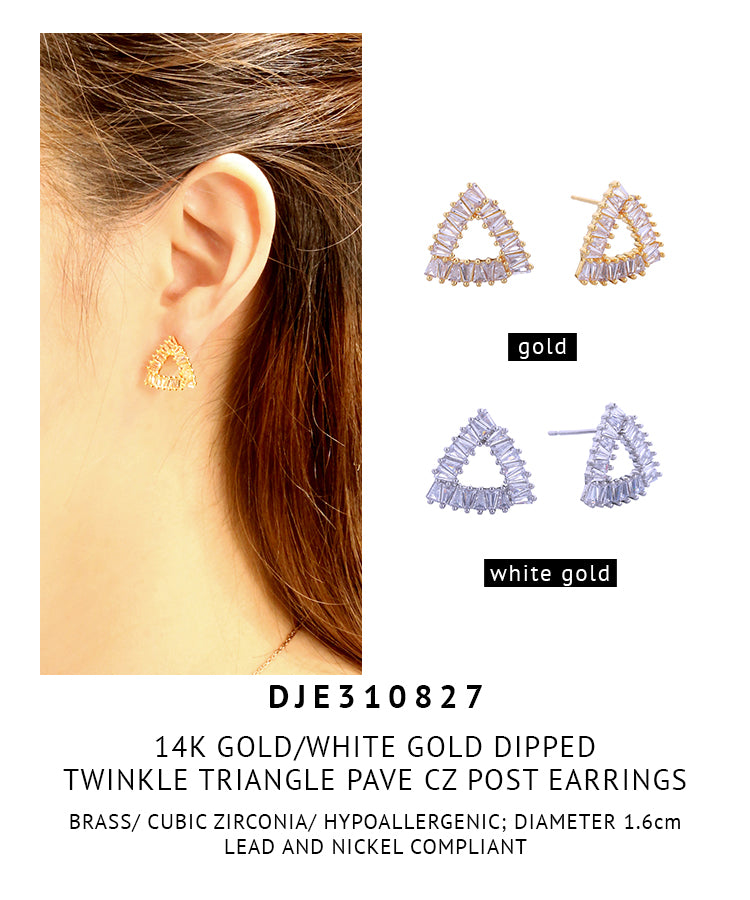 14K Gold Dipped Twinkle Triangle Pave CZ Post Earrings