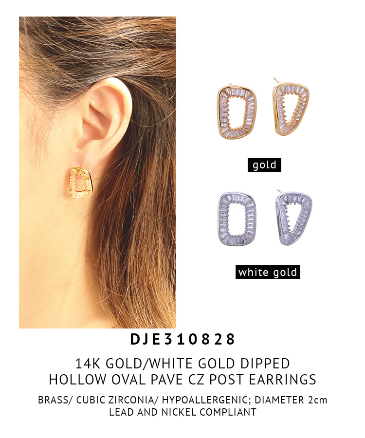 14K Gold Dipped Hollow Oval Pave CZ Post Earrings