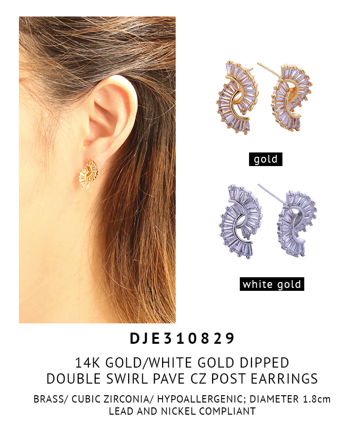 14K Gold Dipped Double Swirl Pave CZ Post Earrings