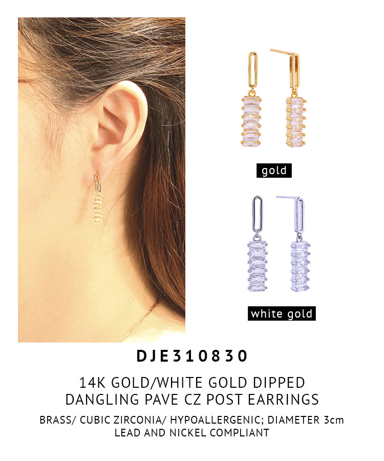 14K Gold Dipped Dangling Pave CZ Post Earrings