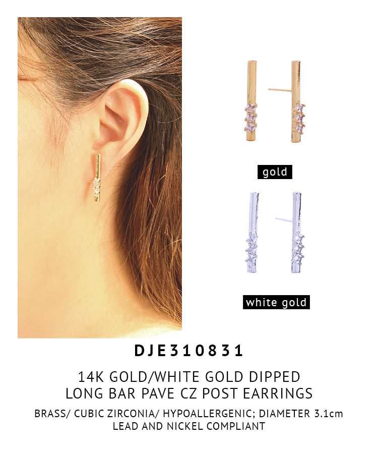 14K Gold Dipped Long Bar Pave CZ Post Earrings