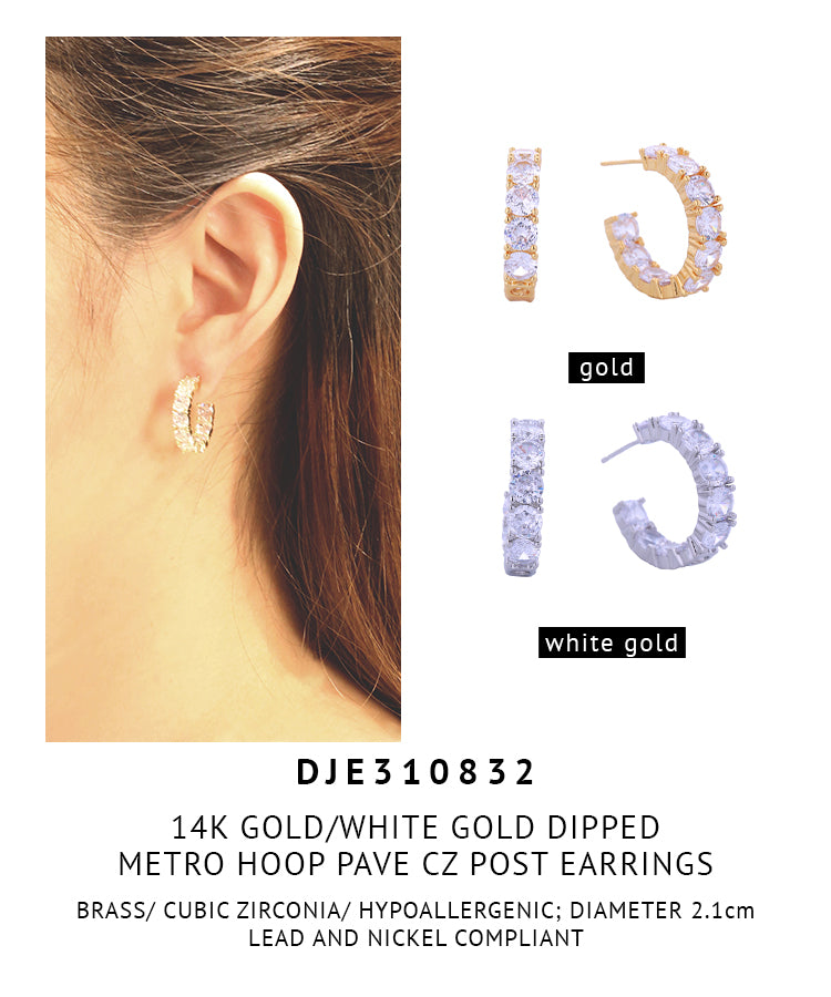 14K Gold Dipped Metro Hoop Pave CZ Post Earrings