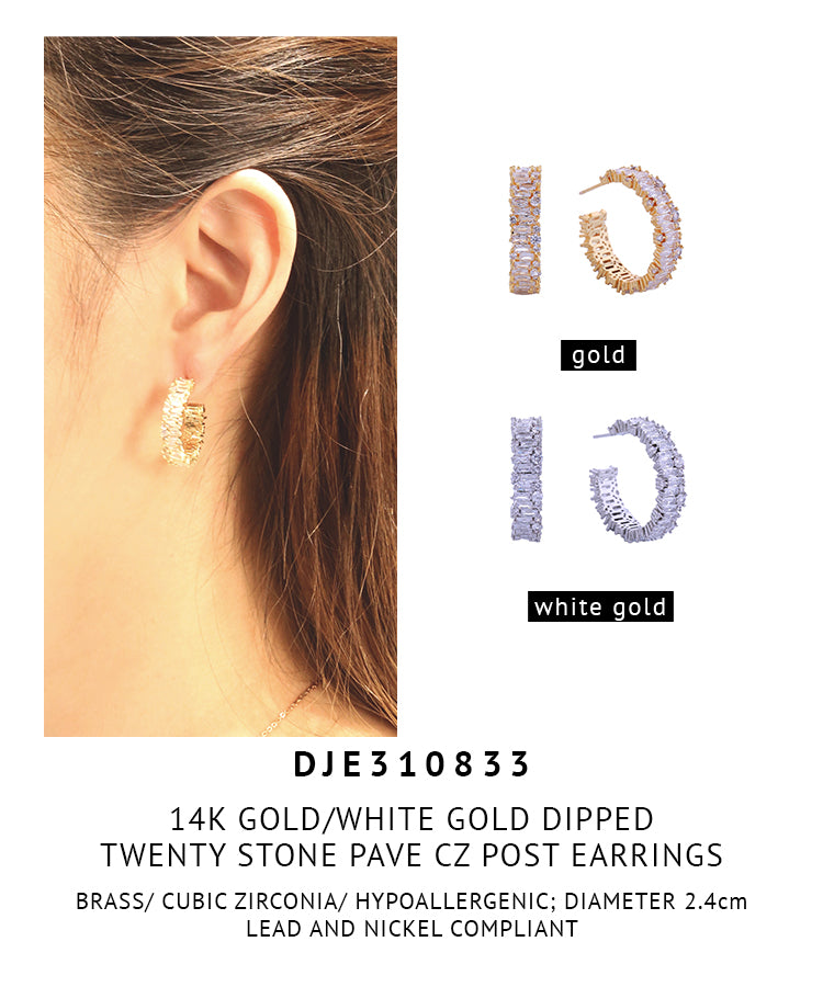14K Gold Dipped Twenty Stone Pave CZ Post Earrings