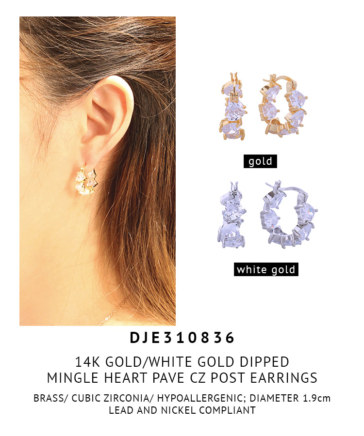 14K Gold Dipped Mingle Heart Pave CZ Post Earrings