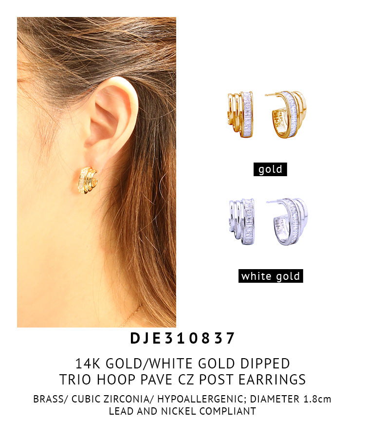 14K Gold Dipped Trio Hoop Pave CZ Post Earrings