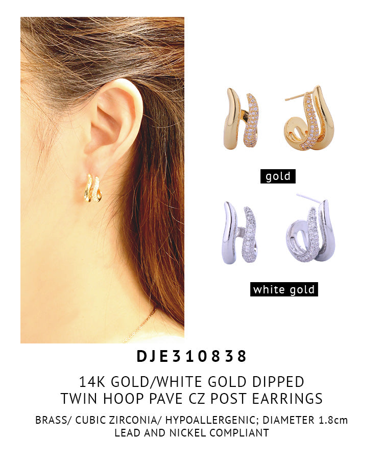 14K Gold Dipped Twin Hoop Pave CZ Post Earrings