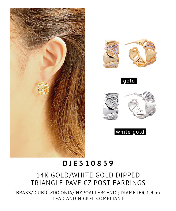 14K Gold Dipped Triangle Pave CZ Post Earrings
