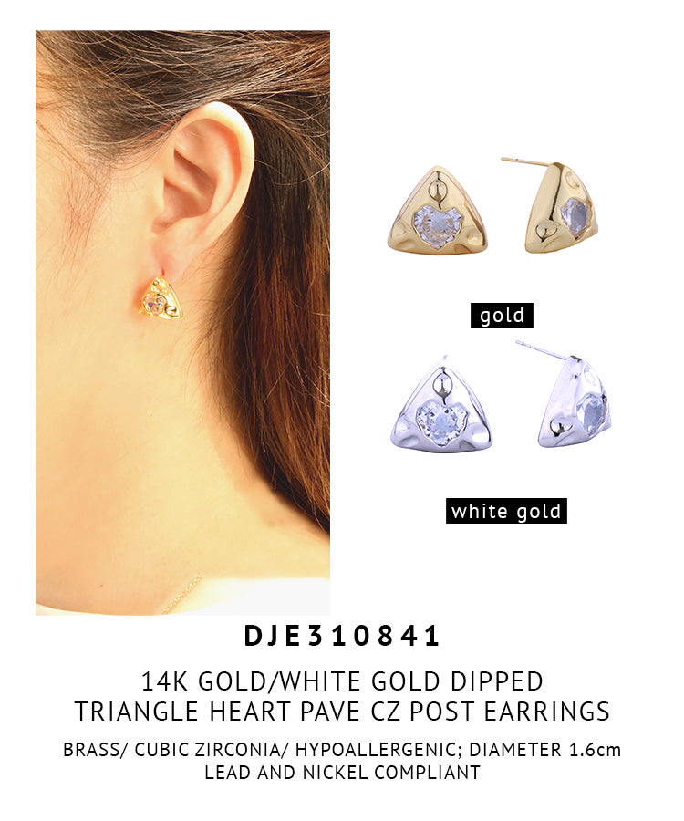 14K Gold Dipped Triangle Heart Pave CZ Post Earrings