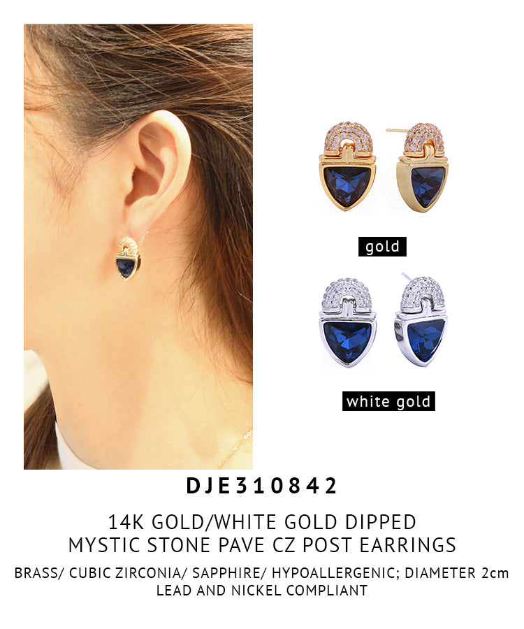 14K Gold Dipped Mystic Stone Pave CZ Post Earrings