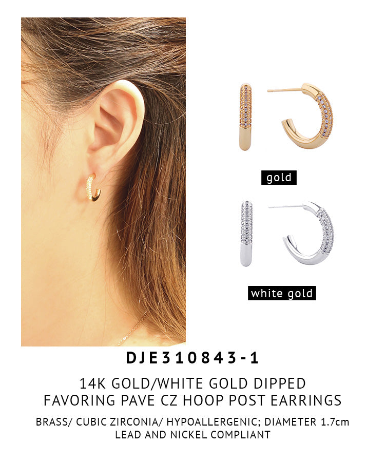 14K Gold Dipped Favoring Pave CZ Hoop Post Earrings