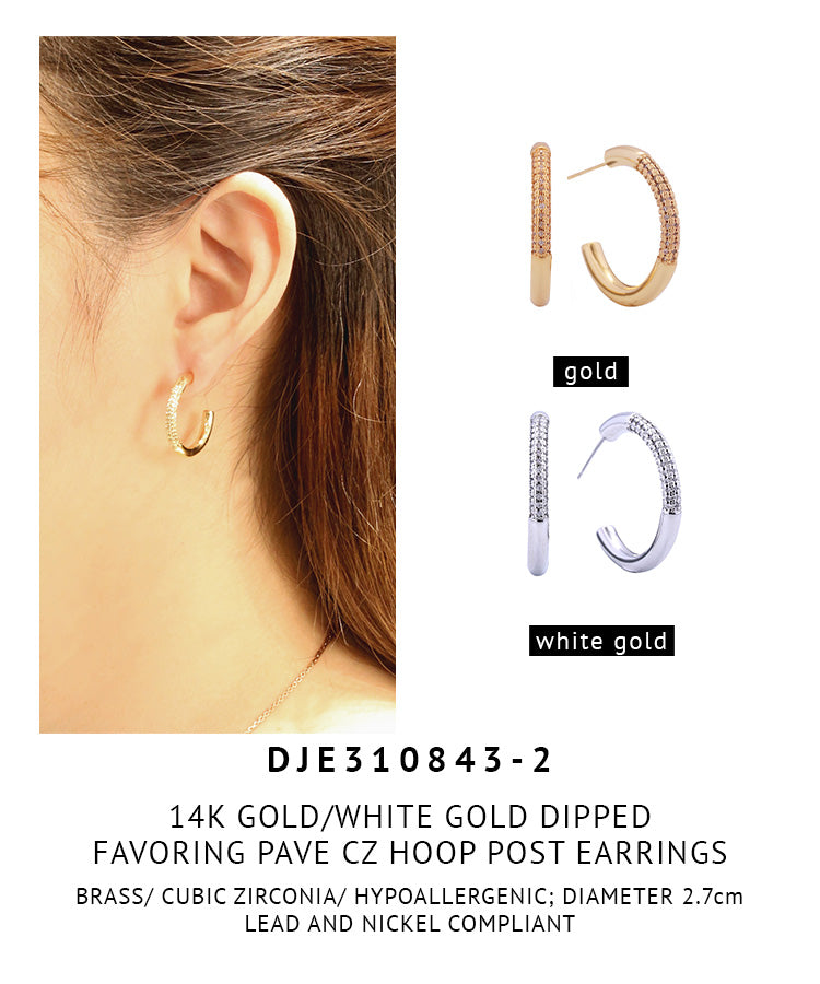 14K Gold Dipped Favoring Pave CZ Hoop Post Earrings