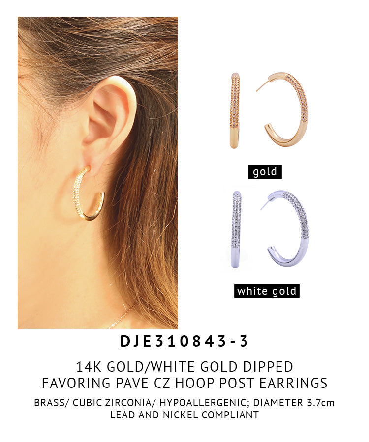 14K Gold Dipped Favoring Pave CZ Hoop Post Earrings