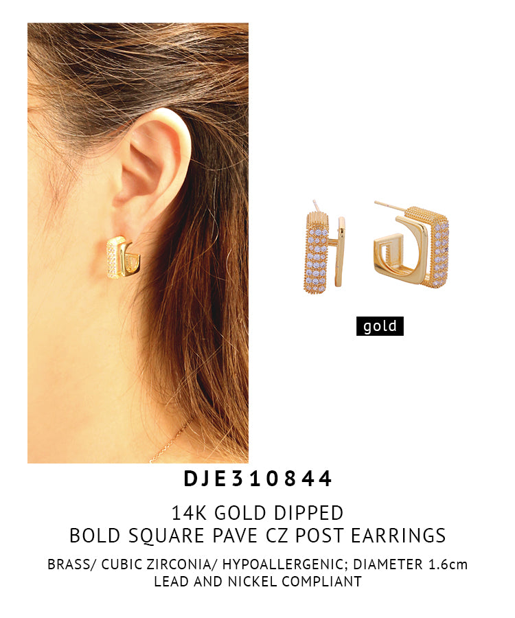 14K Gold Dipped Bold Square Pave CZ Post Earrings
